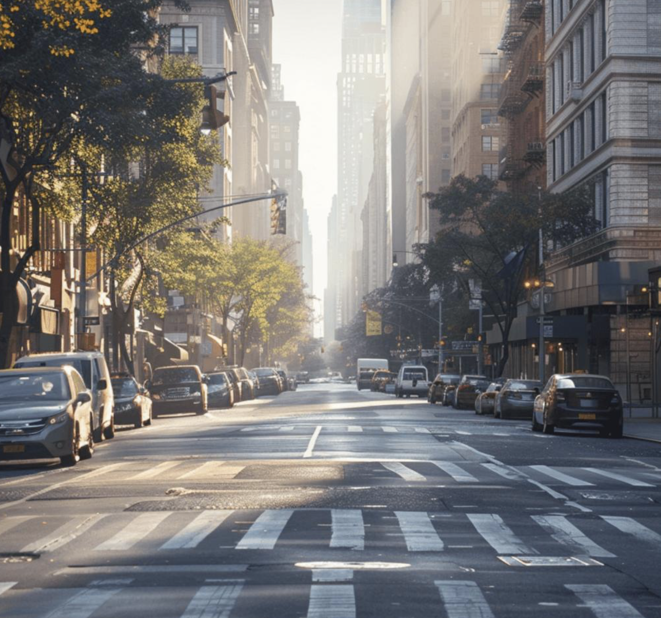 A New York City avenue in warm morning light, lined with trees, prewar buildings and parked cars